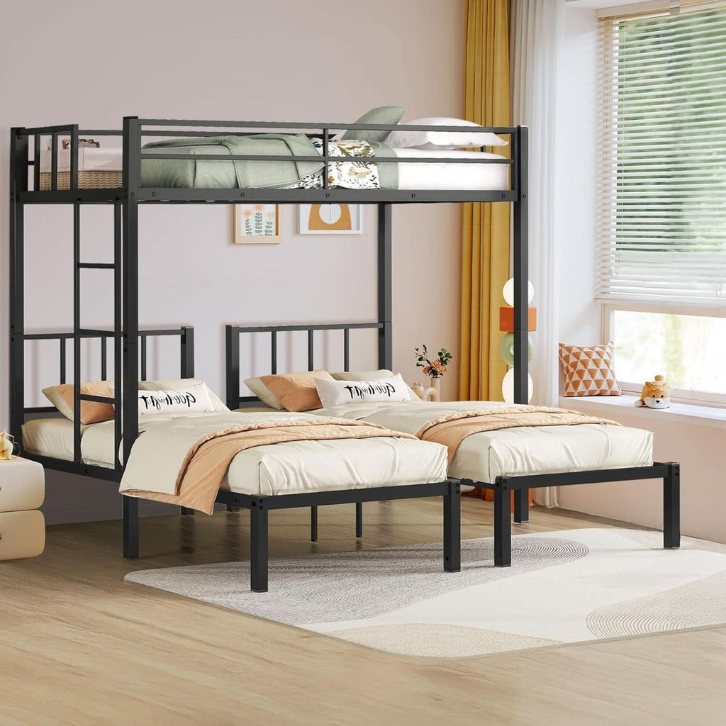 Triple Bunk Bed For 3 With Guardrails And Integrated Ladder