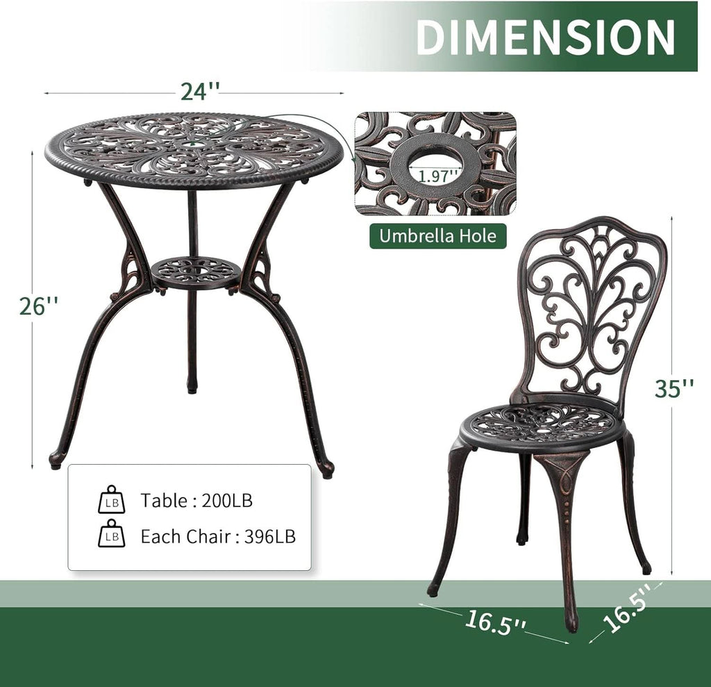 3 Piece Cast Aluminum Outdoor Patio Bistro Set With Umbrella Hole In Brown All Weather Durable