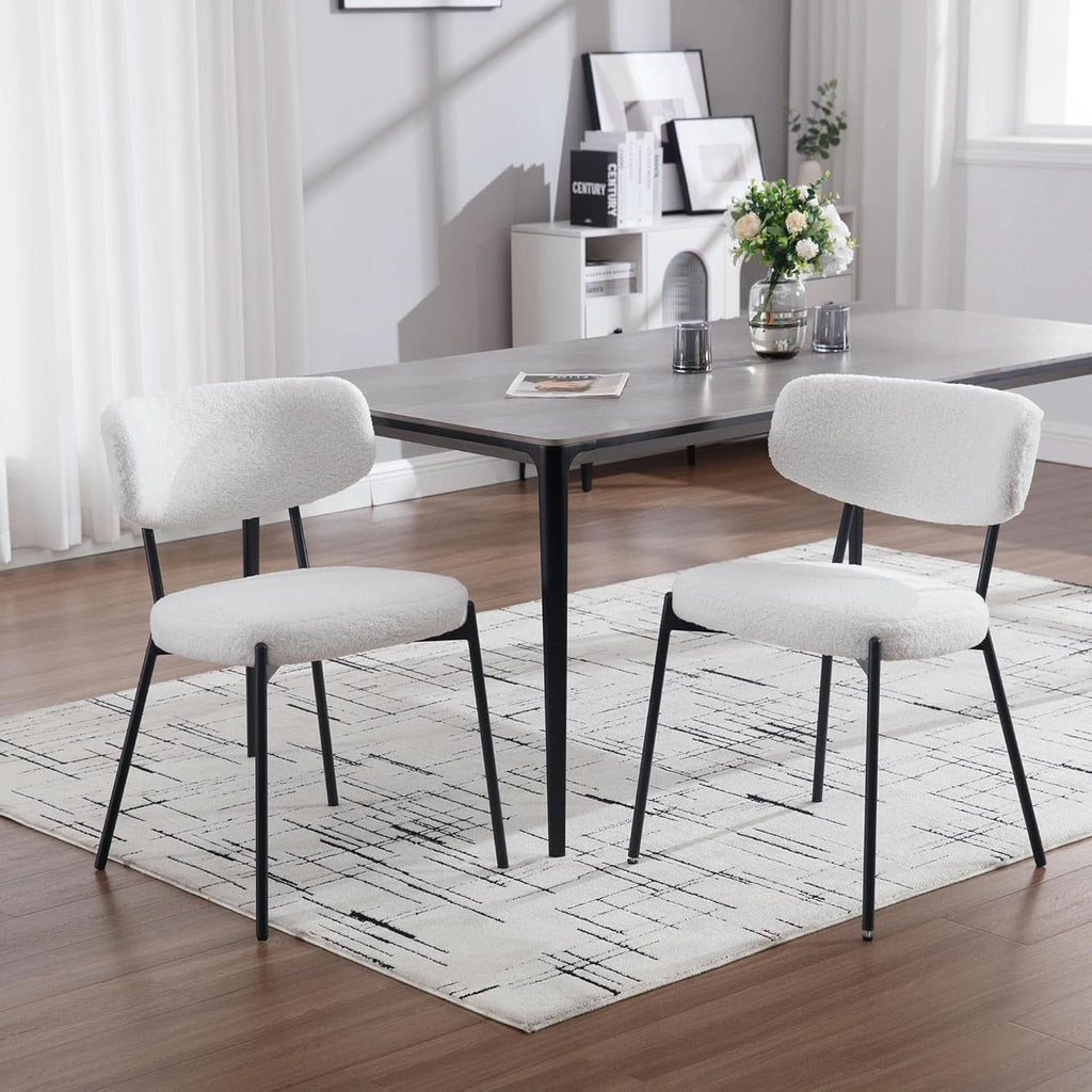 White Boucle Upholstered Dining Chairs Curved Back