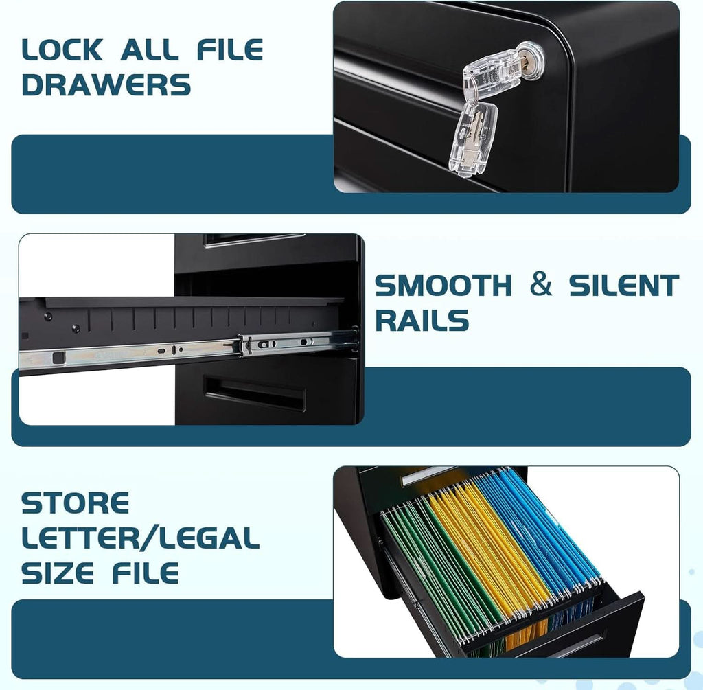 Mobile 3 Drawer Filing Cabinet With Lock Black Rolling