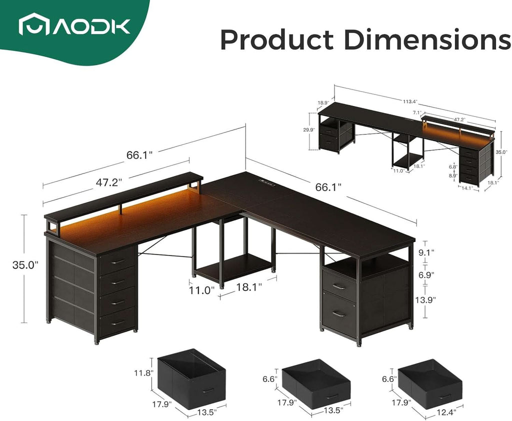 66 Inch L Shaped Computer Desk With LED Lights And Power Outlet