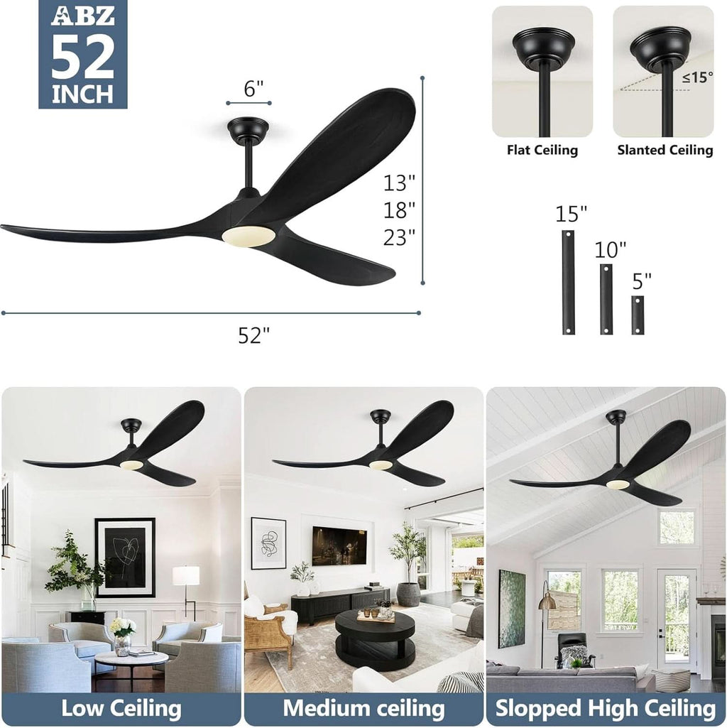 52 Inch Matte Black Wood Ceiling Fan With Remote Light