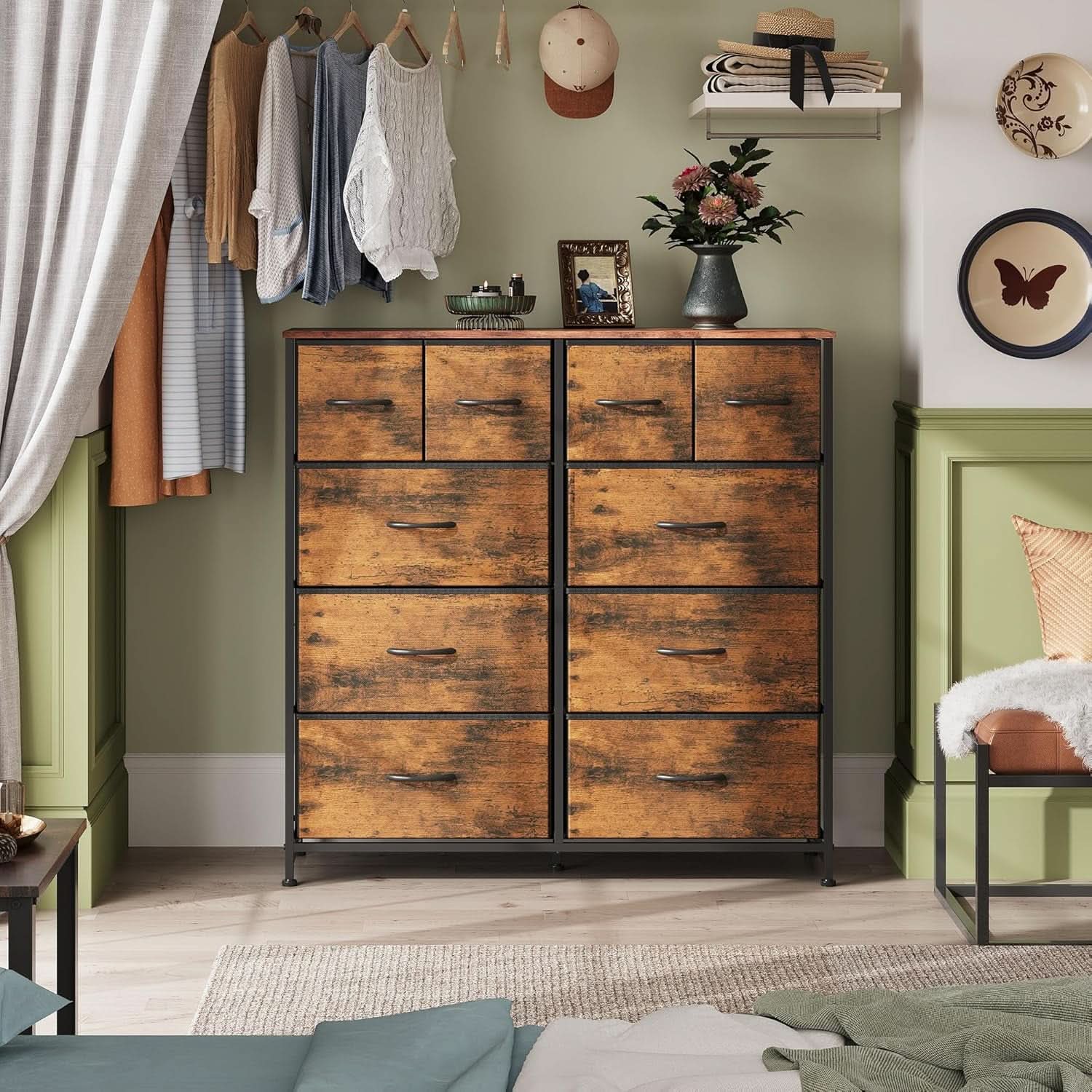 10 Drawer Fabric Dresser In Rustic Brown Wood Grain Finish