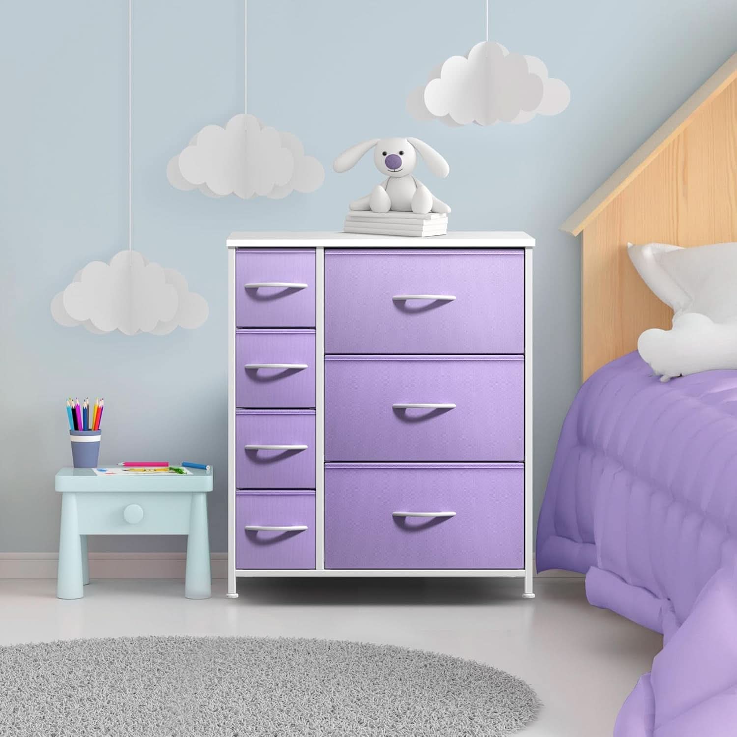 7 Drawer Dresser In Pastel Purple For Kids Clothes Storage