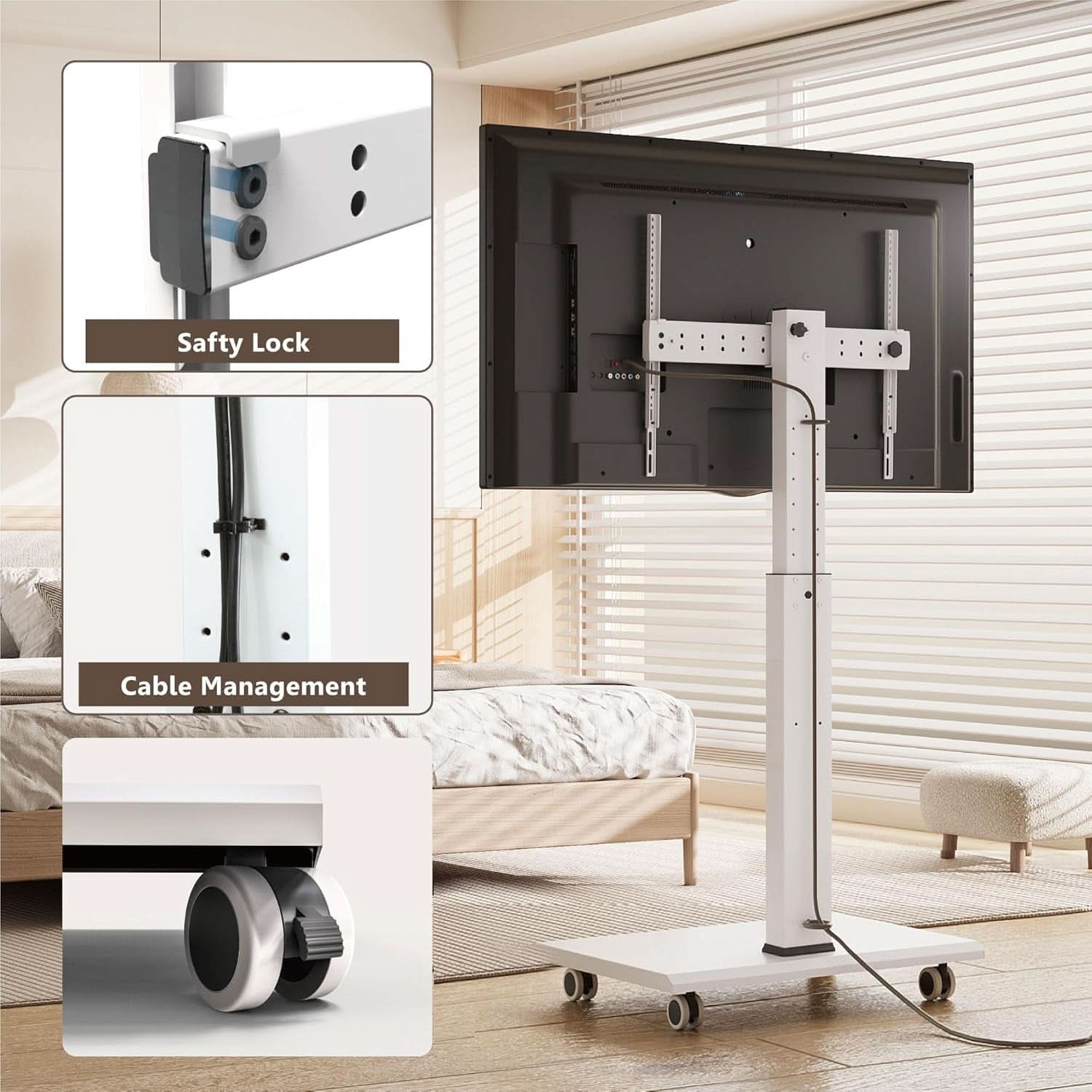Rolling TV Stand On Wheels For 32 To 75 Inch TVs With 40 Degree Swivel