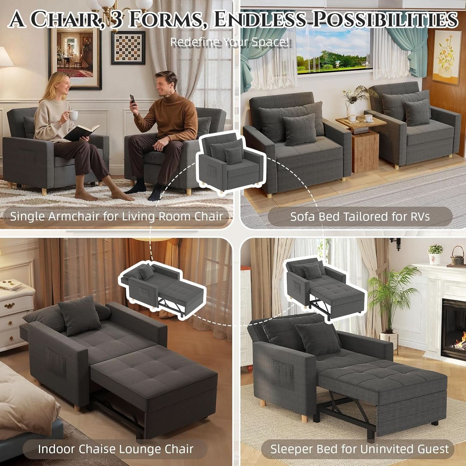 36 Inch Convertible Sleeper Chair GreyTexturedFabric