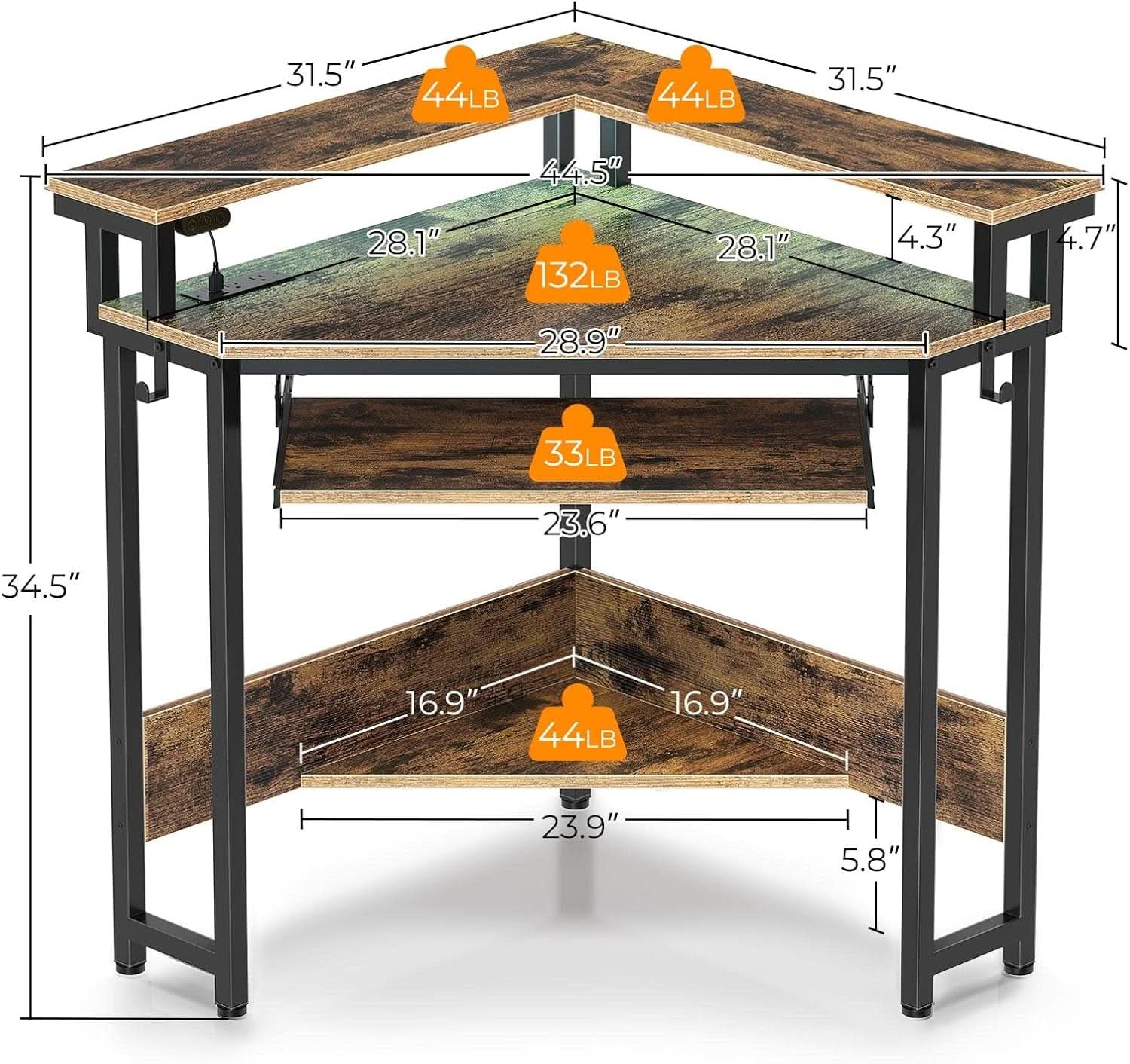 44.5 Inch Wide Corner Desk With Power Outlets Compact
