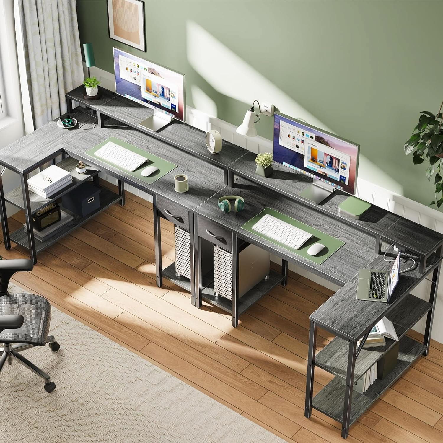 47 Inch L Shaped Desk With Led Lights And Power Outlets Grey