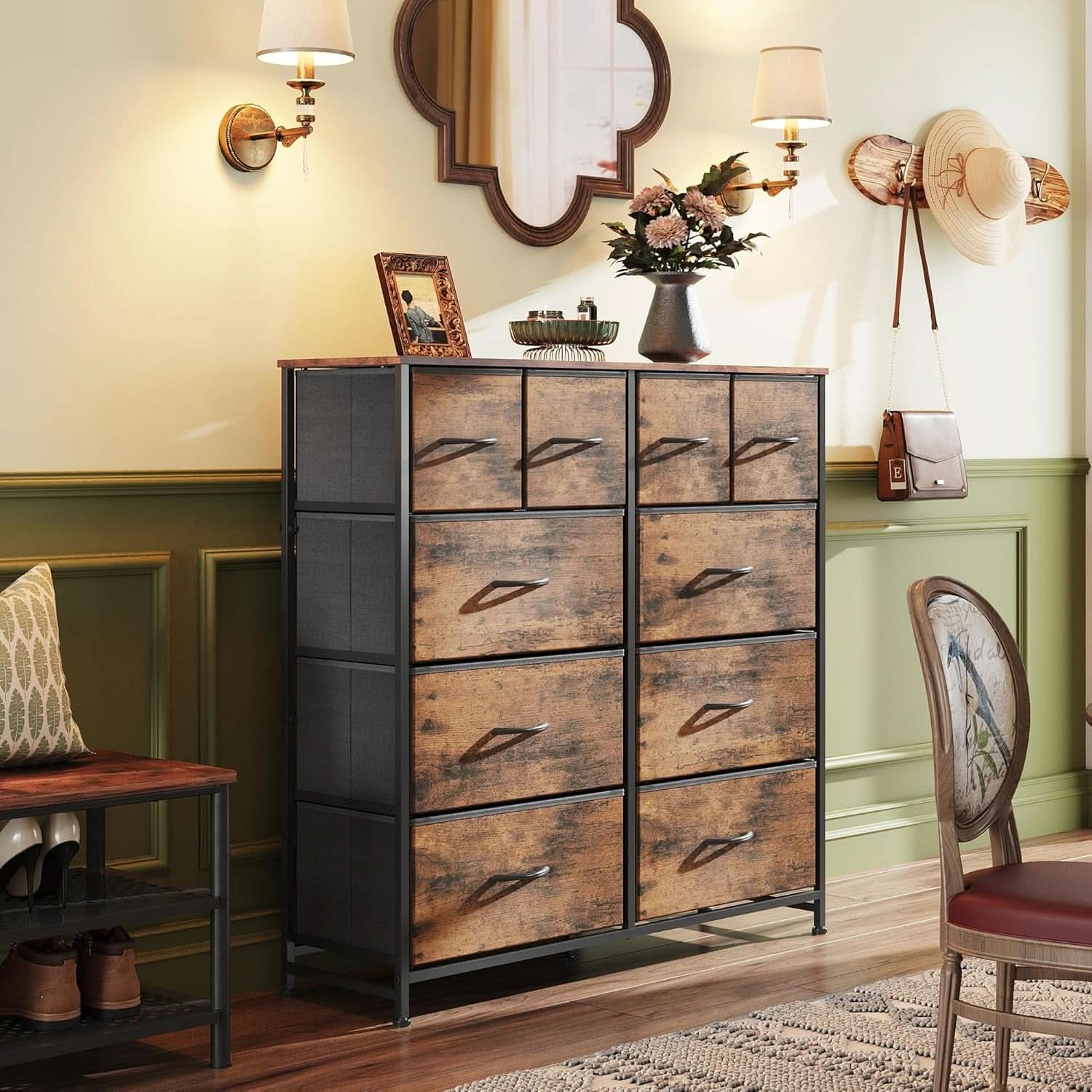 10 Drawer Fabric Dresser In Rustic Brown Wood Grain Finish