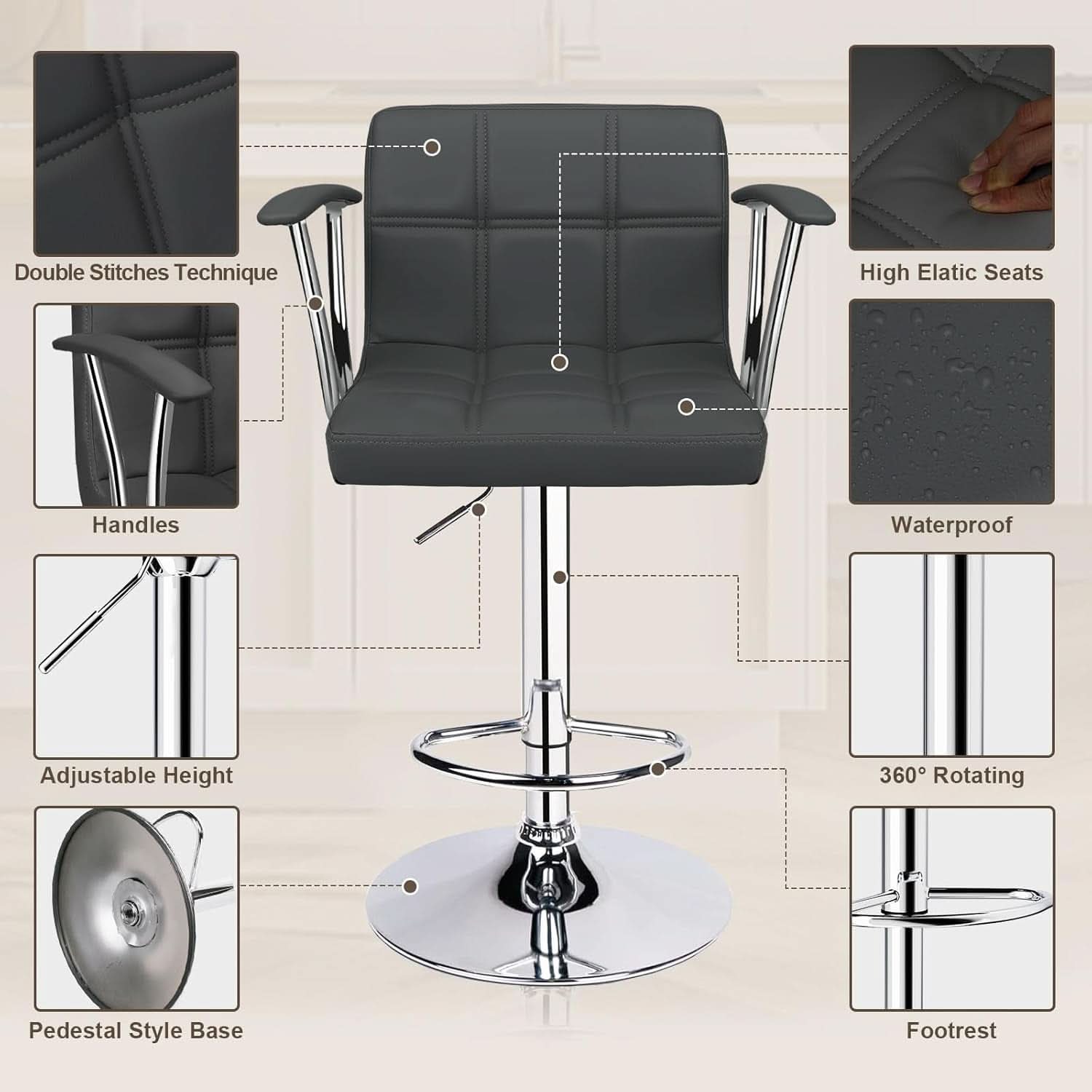 Two Adjustable Swivel Bar Stools With Back Grey PU Leather