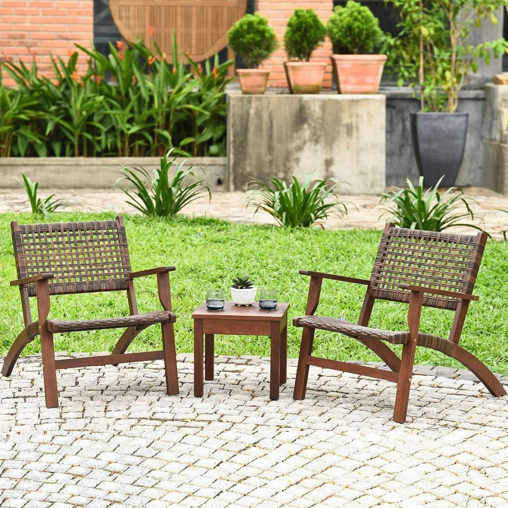 3 Piece Patio Conversation Set With Solid Eucalyptus Wood Frame And Brown Rattan Wicker