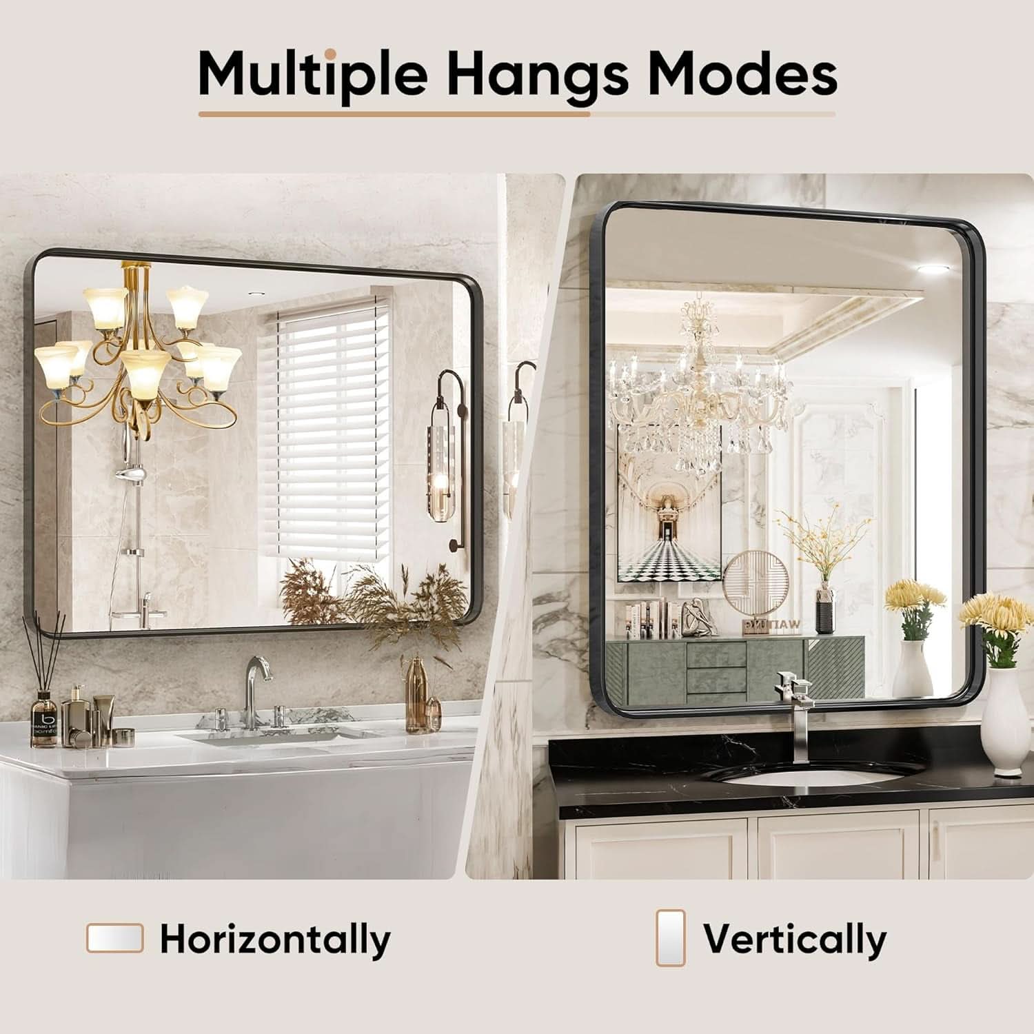 Black Metal Framed Vanity Mirror 36x24 Inch For Over Sink
