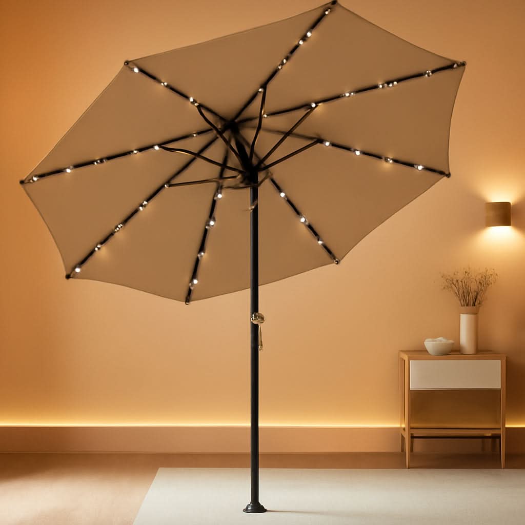 10 Ft Solar LED Patio Umbrella With Tilt Adjustment And UV Resistant Fabric All Weather Use