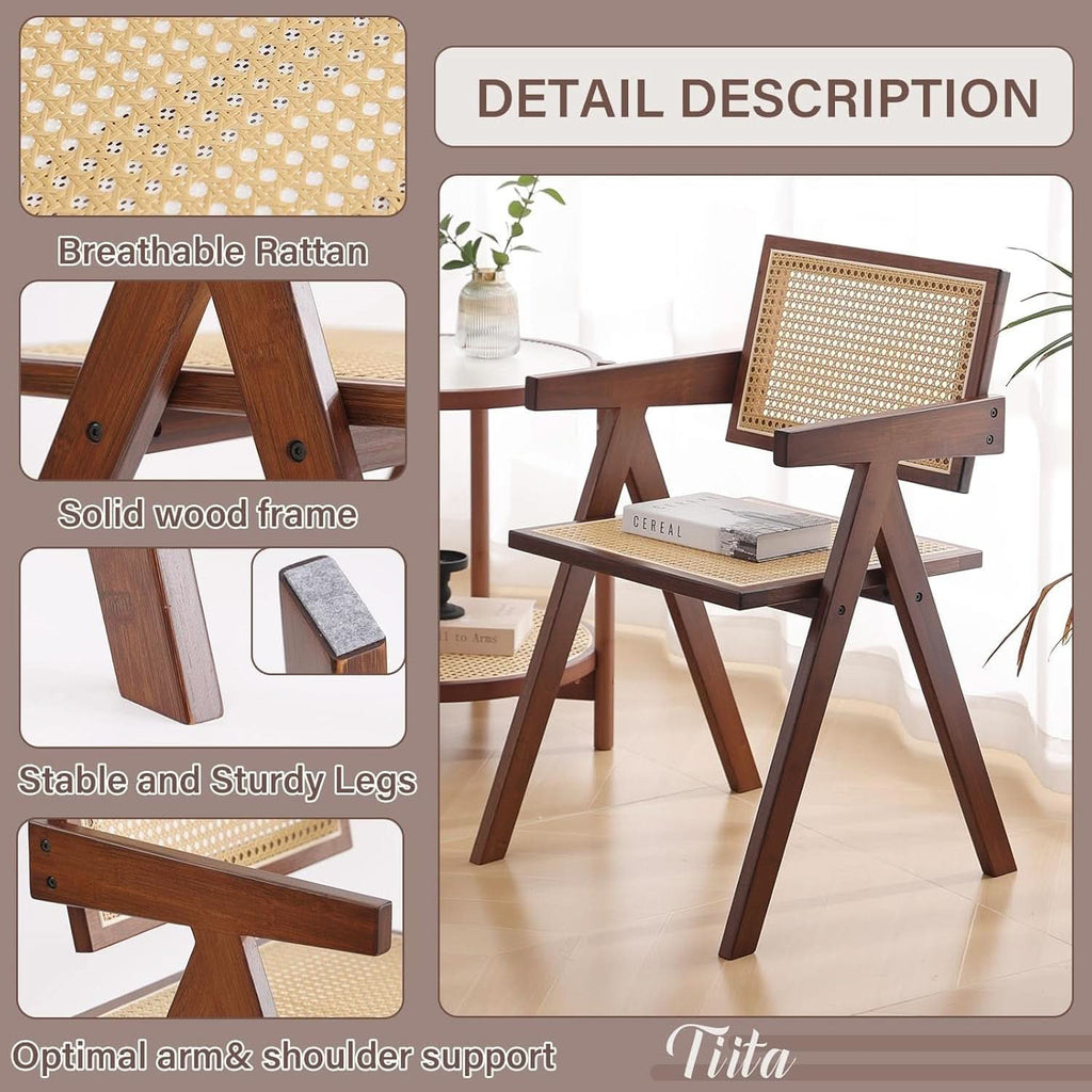 Walnut Rattan Dining Chairs Set Of 2 Ergonomic Back