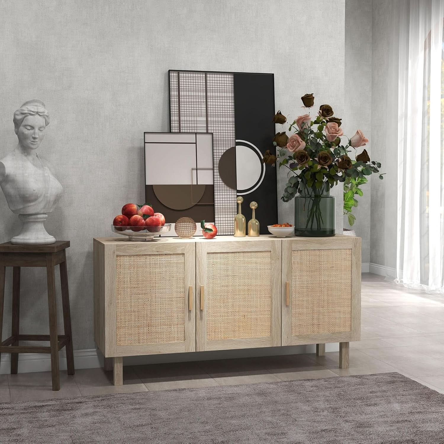 Sideboard Cabinet With Rattan Doors And Adjustable Shelves