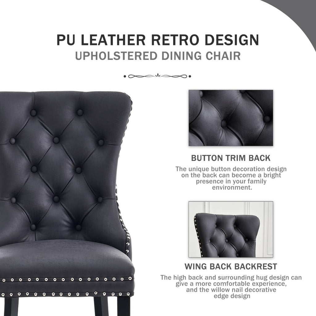 Leather Dining Chairs Set Of 4 Wingback Upholstered With Nailhead Trim Black