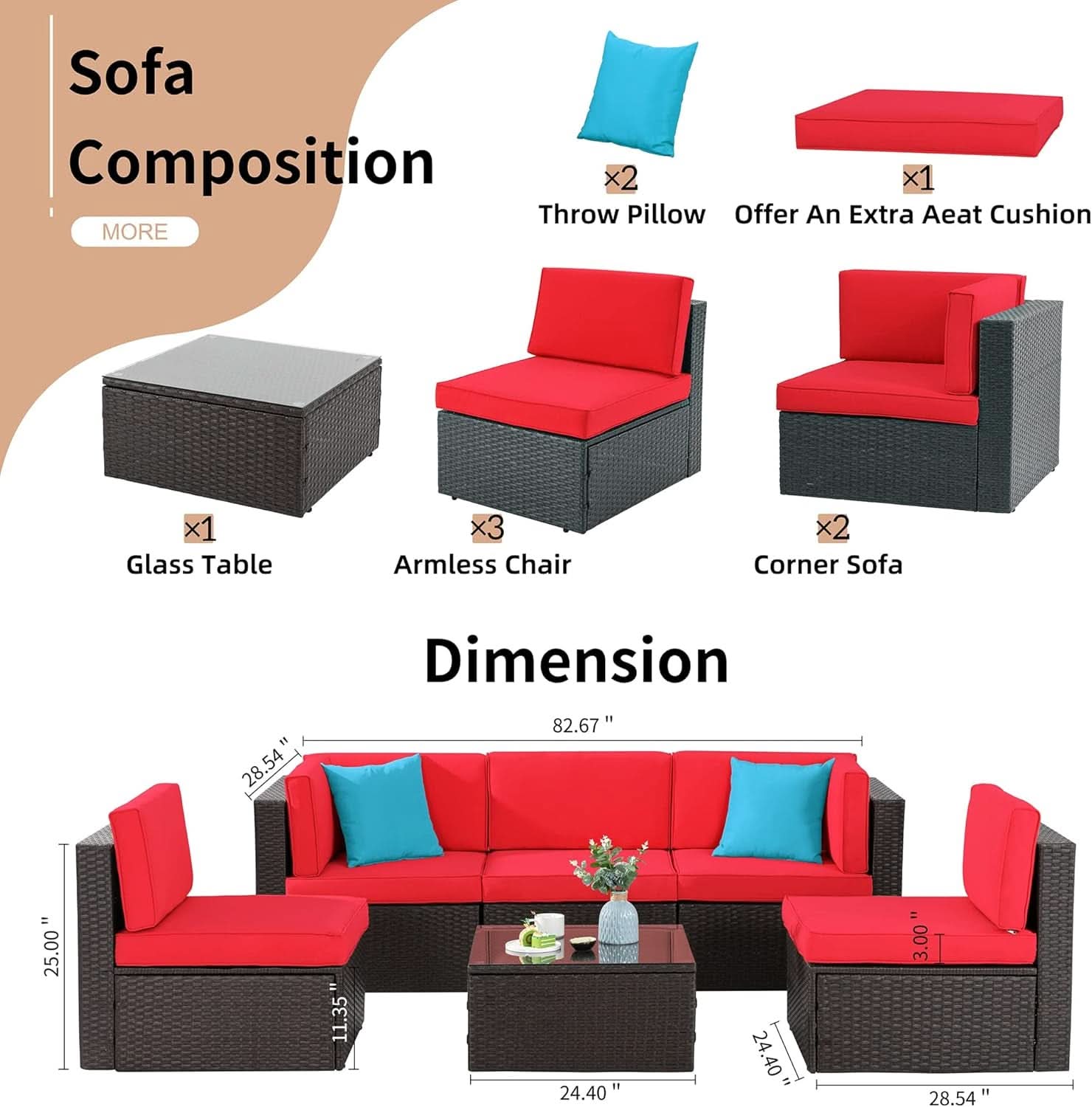 6 Piece All Weather Red Cushions Outdoor Patio Wicker Sofa Set