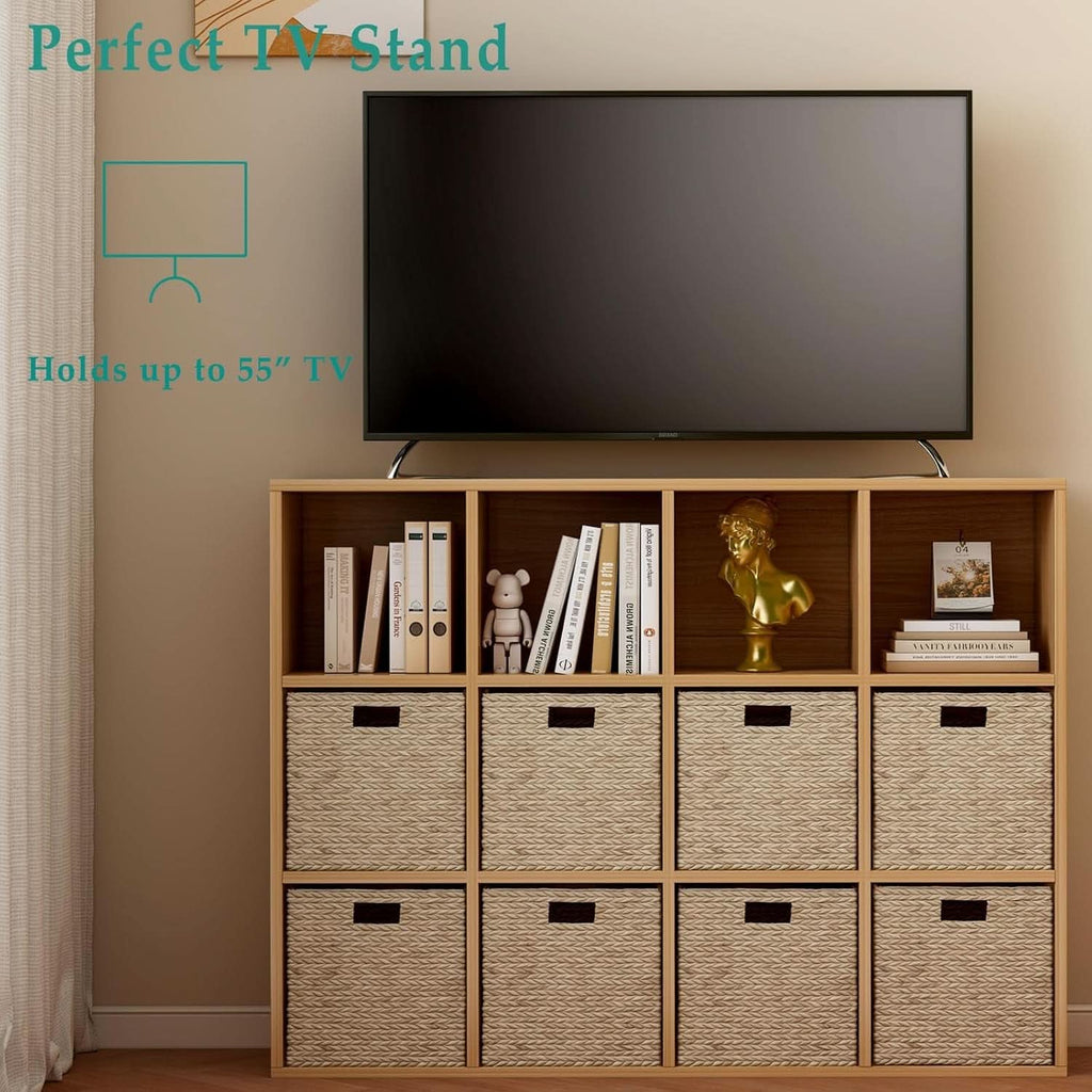 Oak 12-Cube Storage Shelf Bookcase 3-Tier Floor Standing