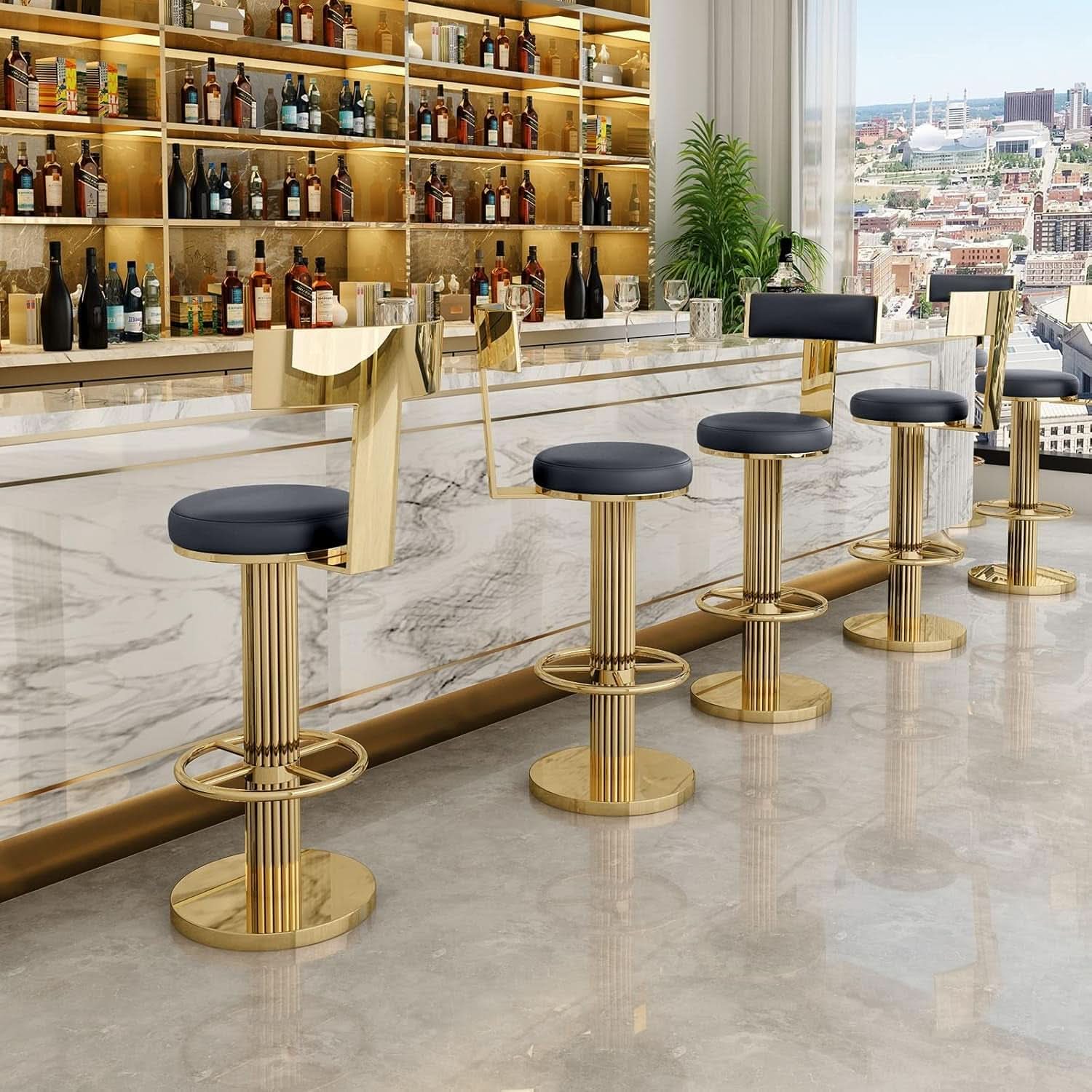 Black Gold Swivel Bar Stool With Backrest And Adjustable