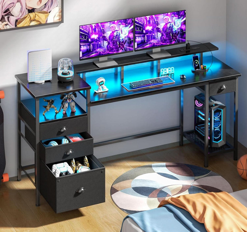 Black 60 Inch Computer Desk With 4 Drawers And Led Lights