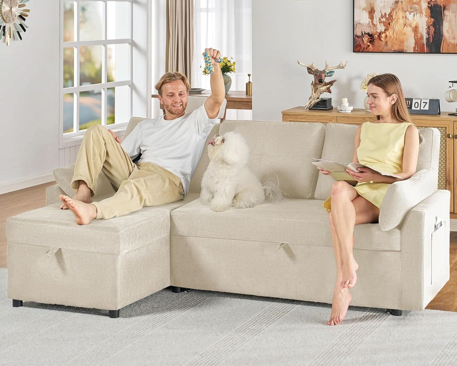 Linen Beige Multifunctional Sleeper Sofa With Storage