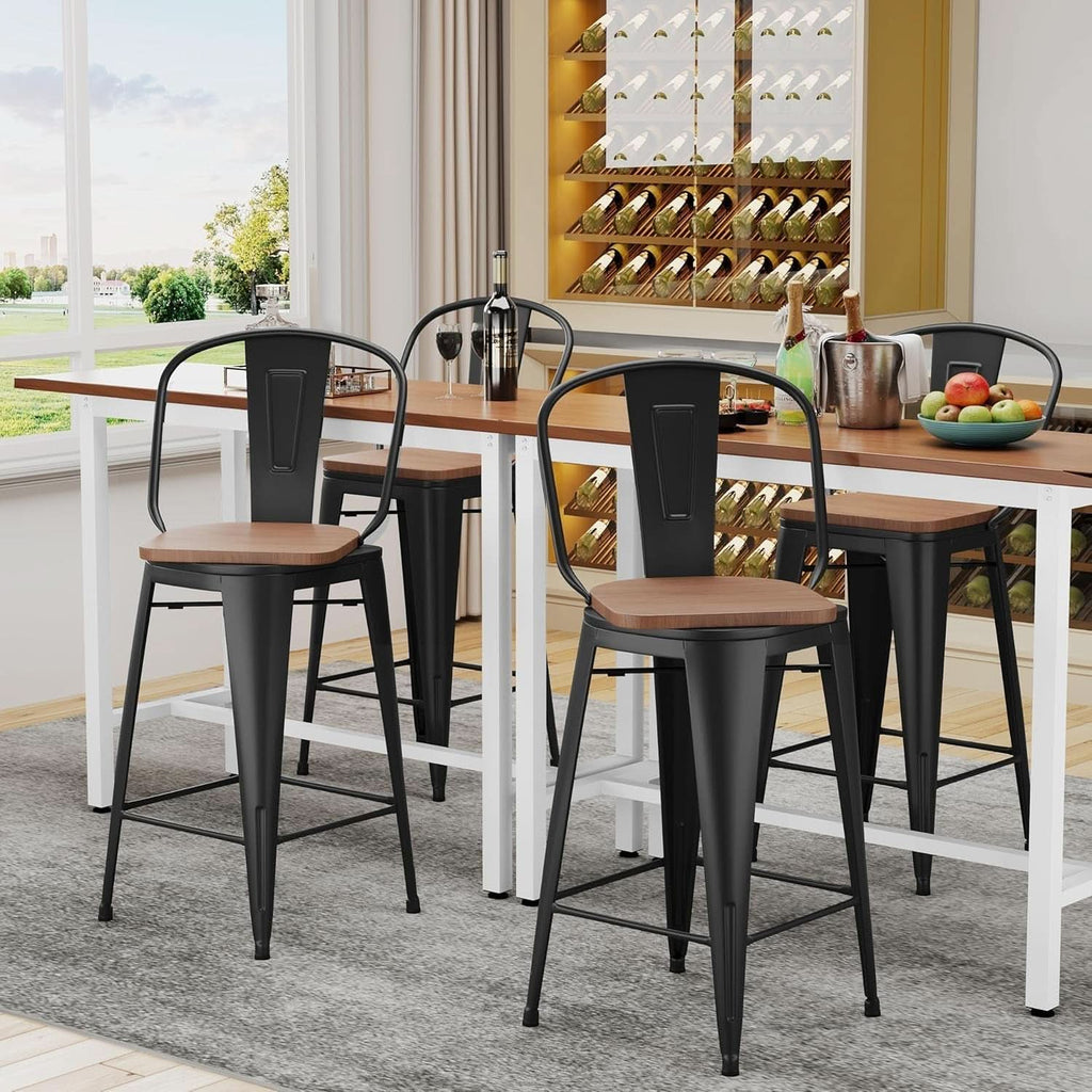 26 Inch Swivel Bar Stools Set Of 4 With Large Wooden Seat Matte Black High Back Design