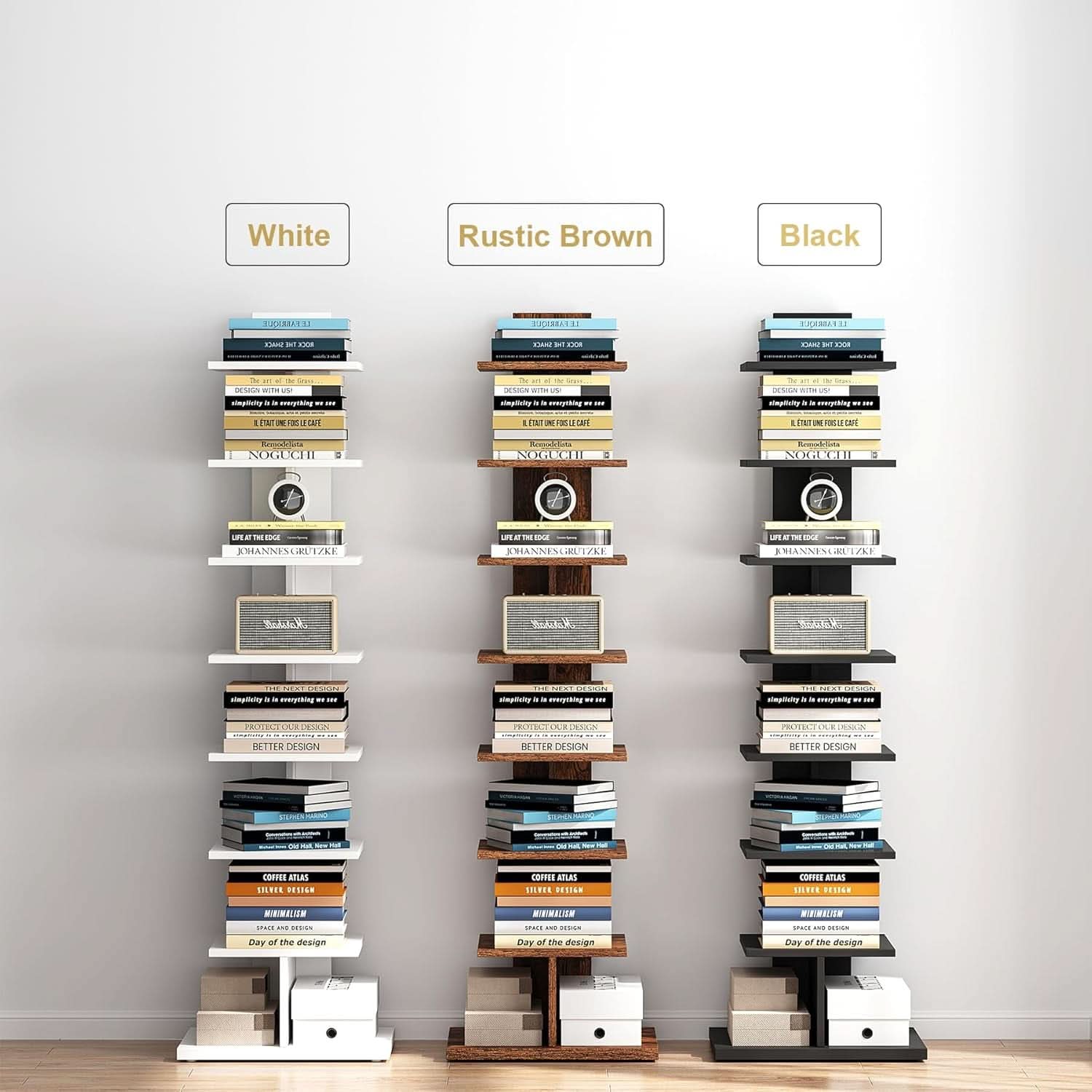 Vertical Bookshelf 8 Tier White Bookcase Living Room
