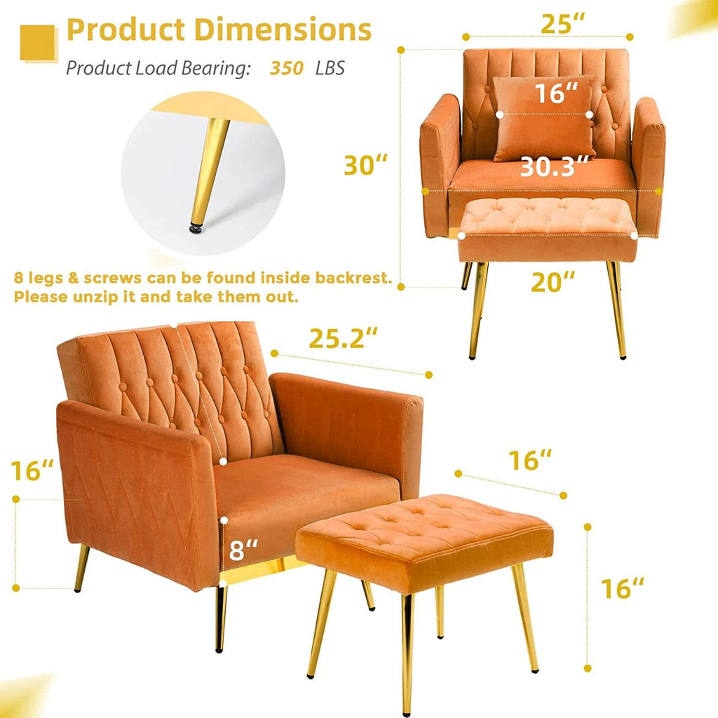 Orange Velvet Accent Chair With Adjustable Armrests And Backrest
