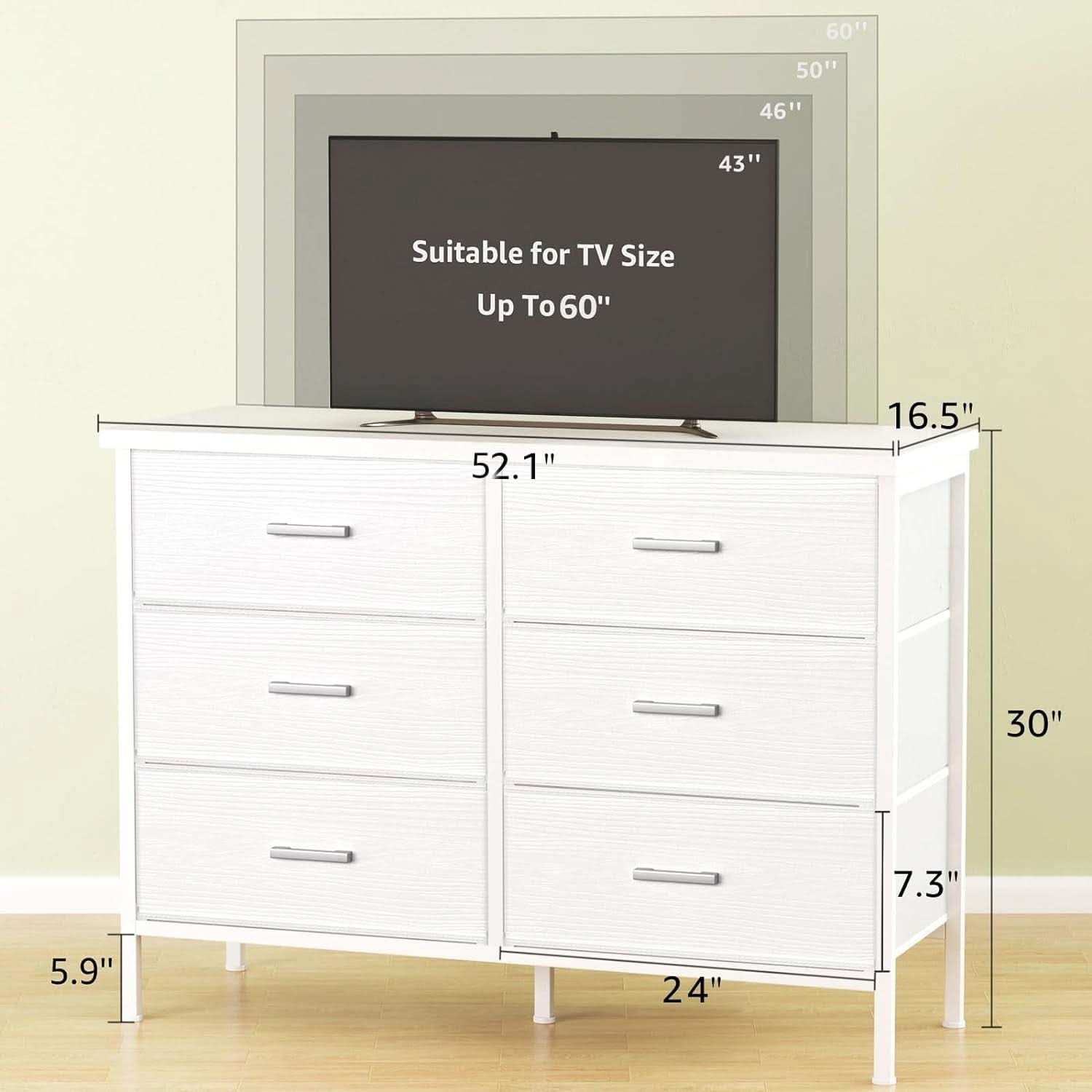White Premium Fabric Dresser With Six Drawers And Wood Top