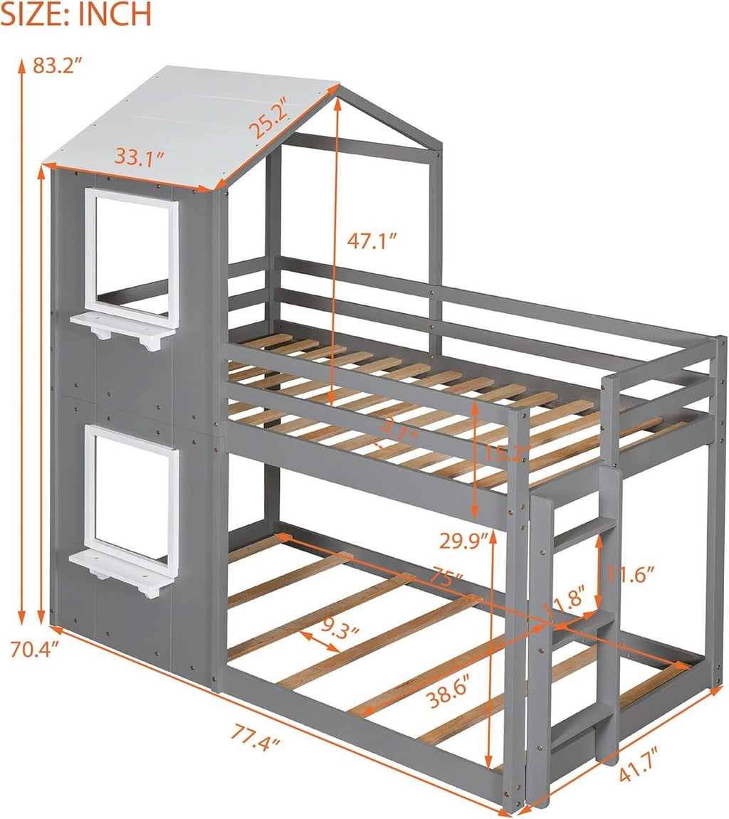 Twin Over Twin House Bunk Bed With Roof And Ladders Grey