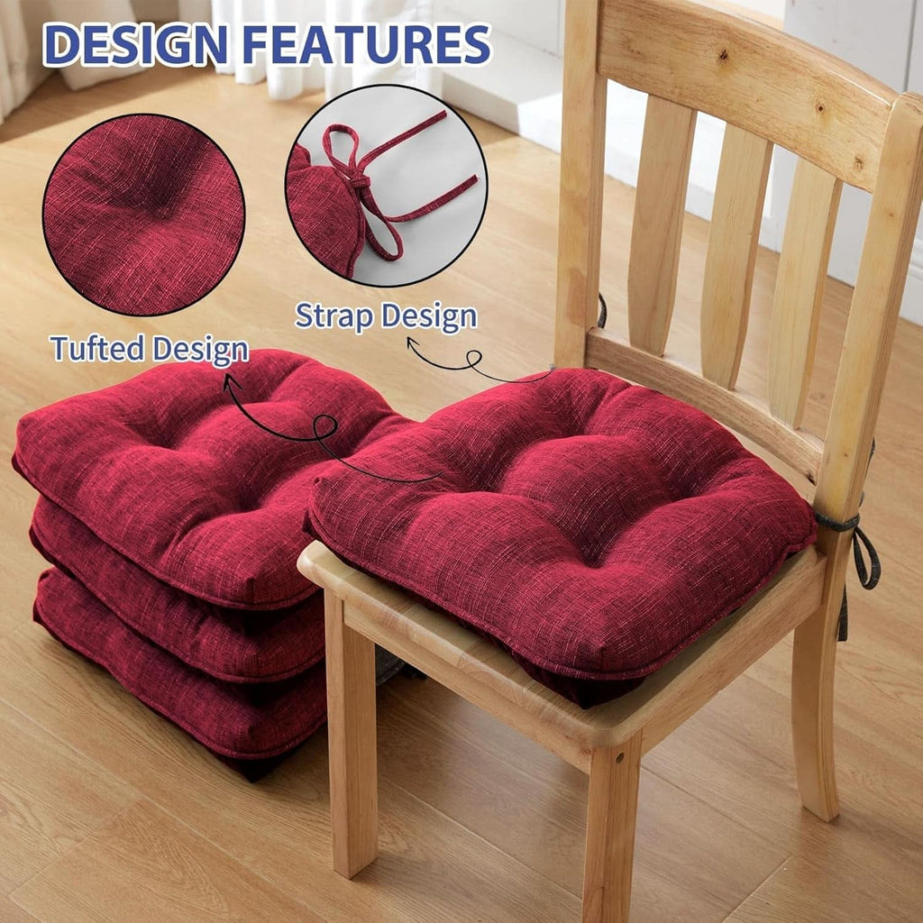Red Tufted Memory Foam Chair Cushions 4 Pack Non Slip Ties