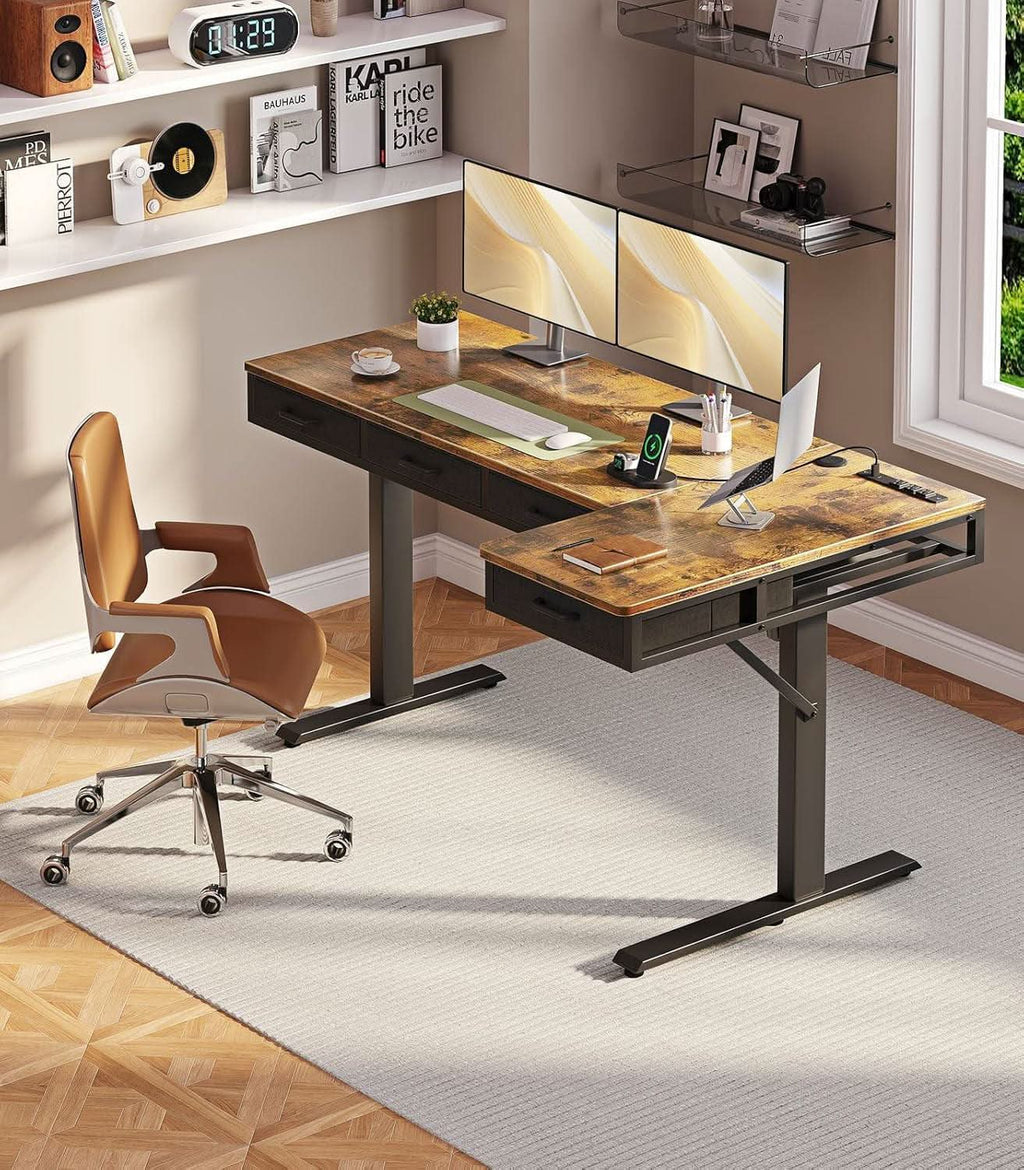 Sixty Three Inch L Shaped Electric Height Adjustable Desk Drawers