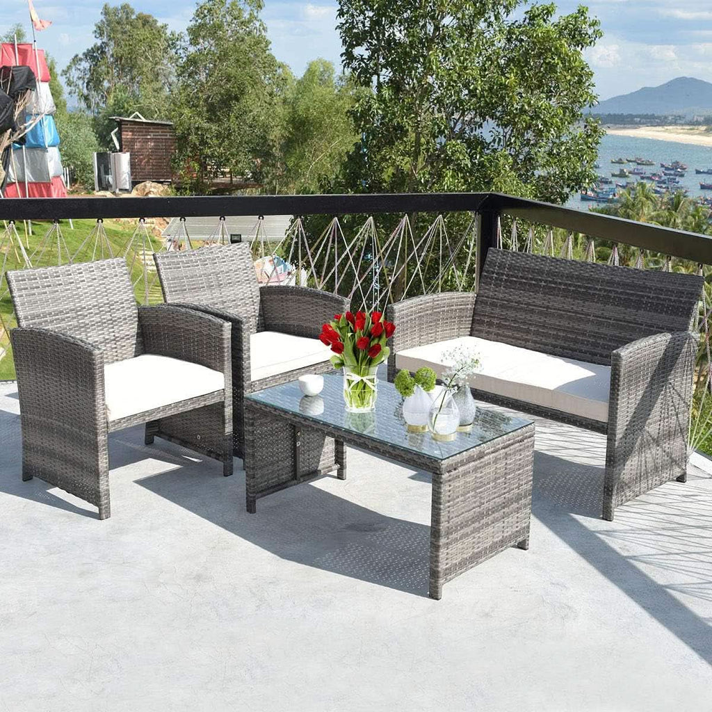 4 Piece Wicker Patio Conversation Set With Soft Cushions