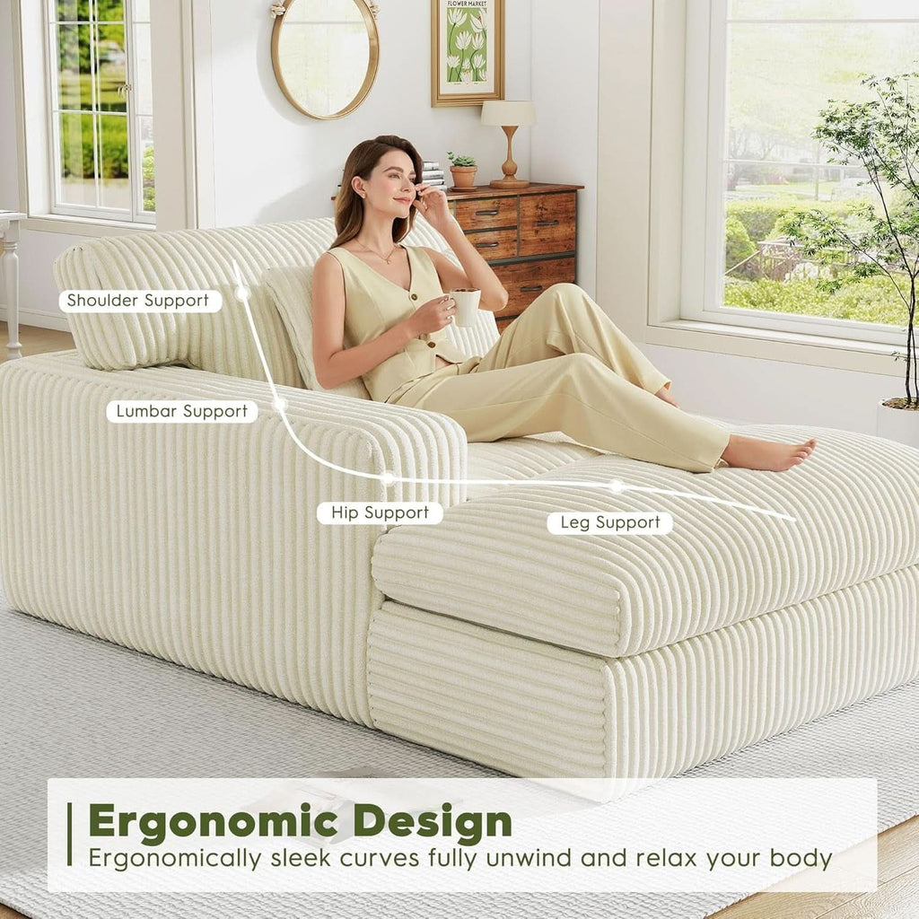 Oversized Corduroy Chaise Lounge Chair Snow White Plush