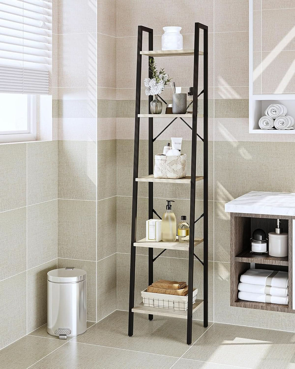 Greige 5 Tier Ladder Shelf Bookcase Freestanding Corner