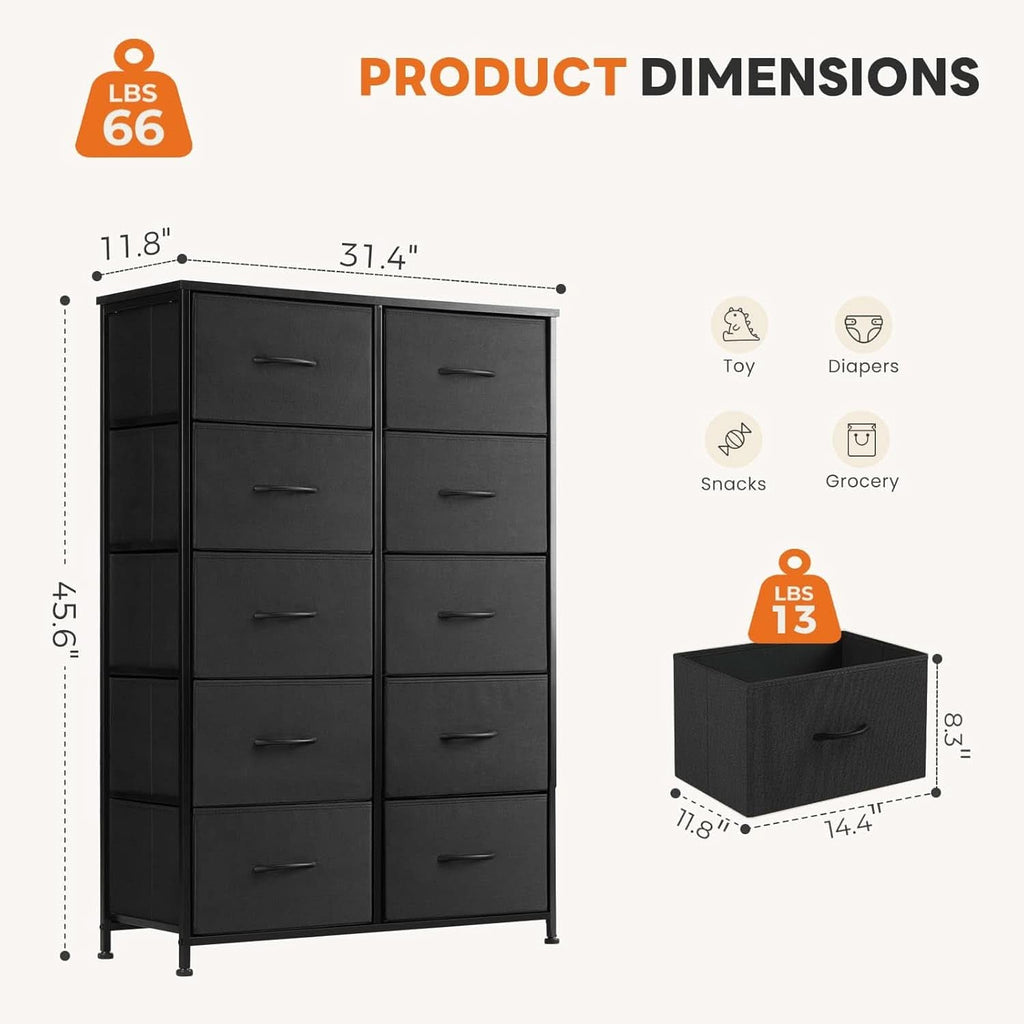 10 Drawer Dresser With Black Premium Fabric Finish And Durable Metal Frame For Bedroom Storage And Organization