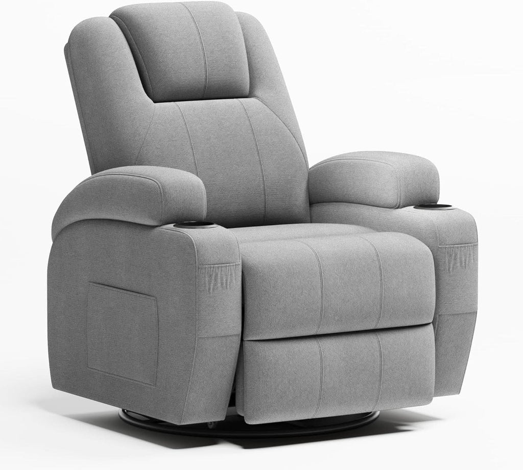 Gray Fabric Swivel Rocker Recliner With Vibration Massage