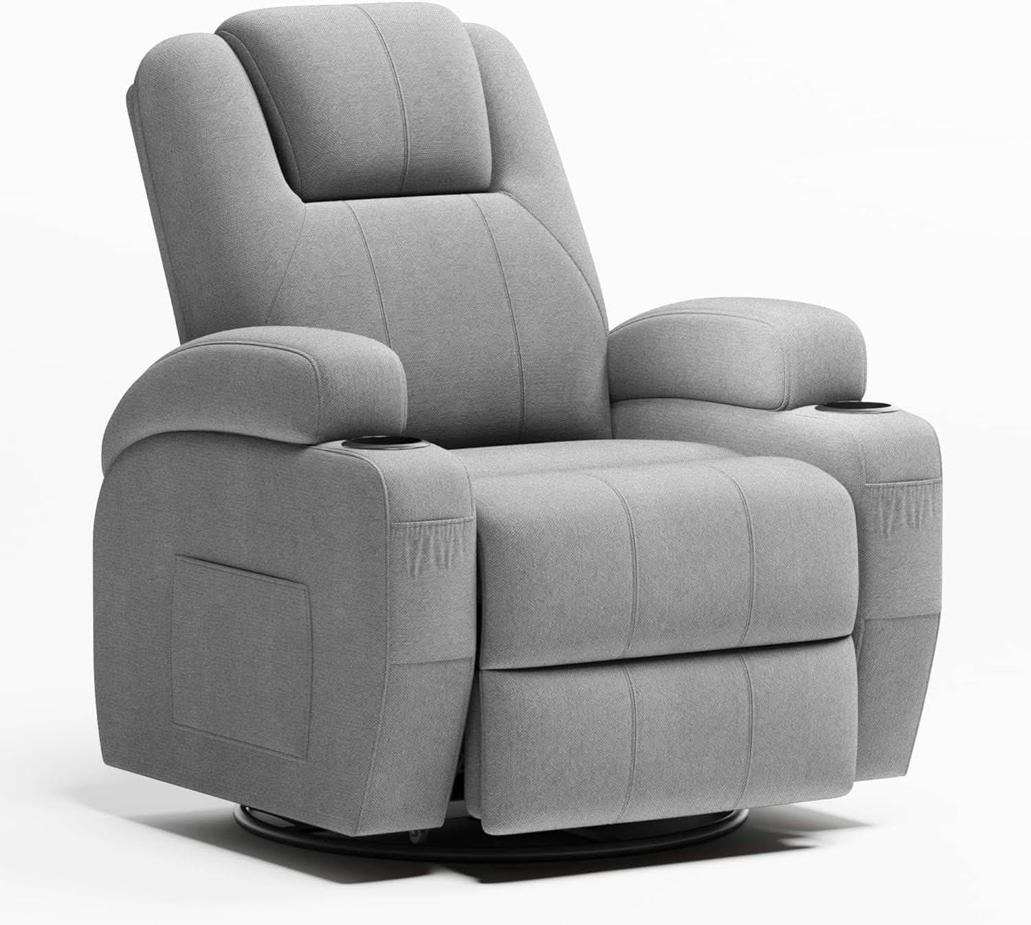 Gray Fabric Swivel Rocker Recliner With Vibration Massage