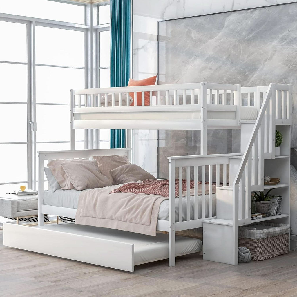 Twin Over Full Bunk Bed With Stairs And Trundle White Wood
