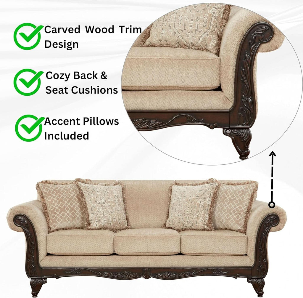 Hernen Carved Wood Frame 5Piece Living Room Set Beige Wheat