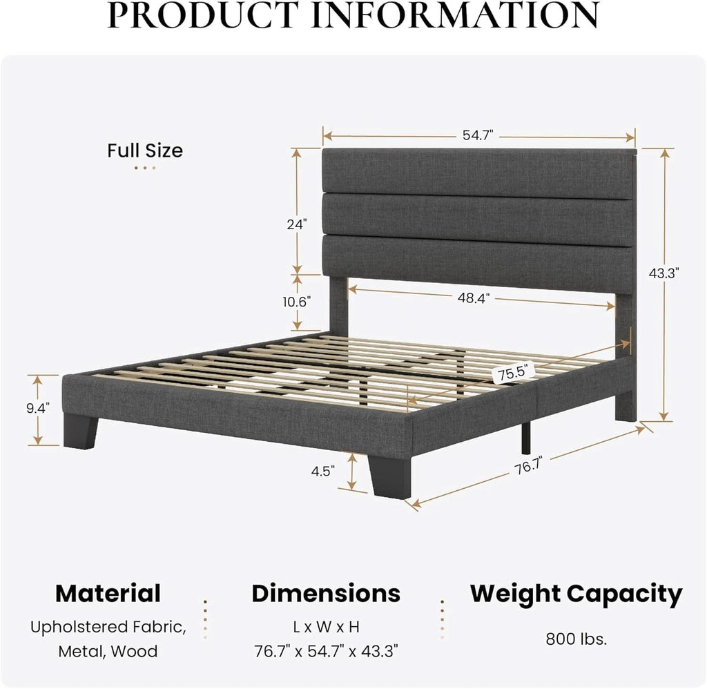 Full Size Upholstered Bed Frame With Grey Headboard
