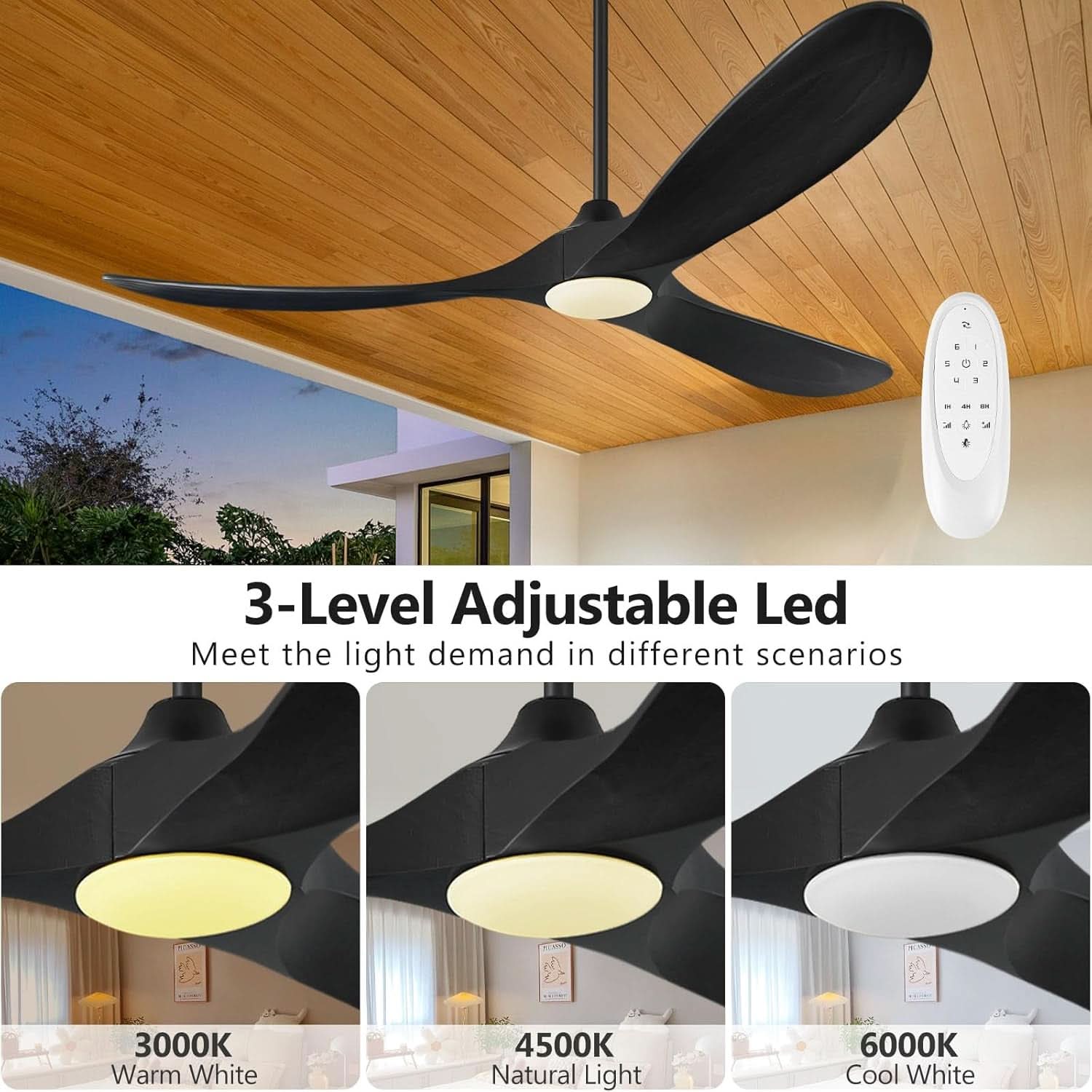 52Inch Matte Black Ceiling Fan Indoor Outdoor Low Noise