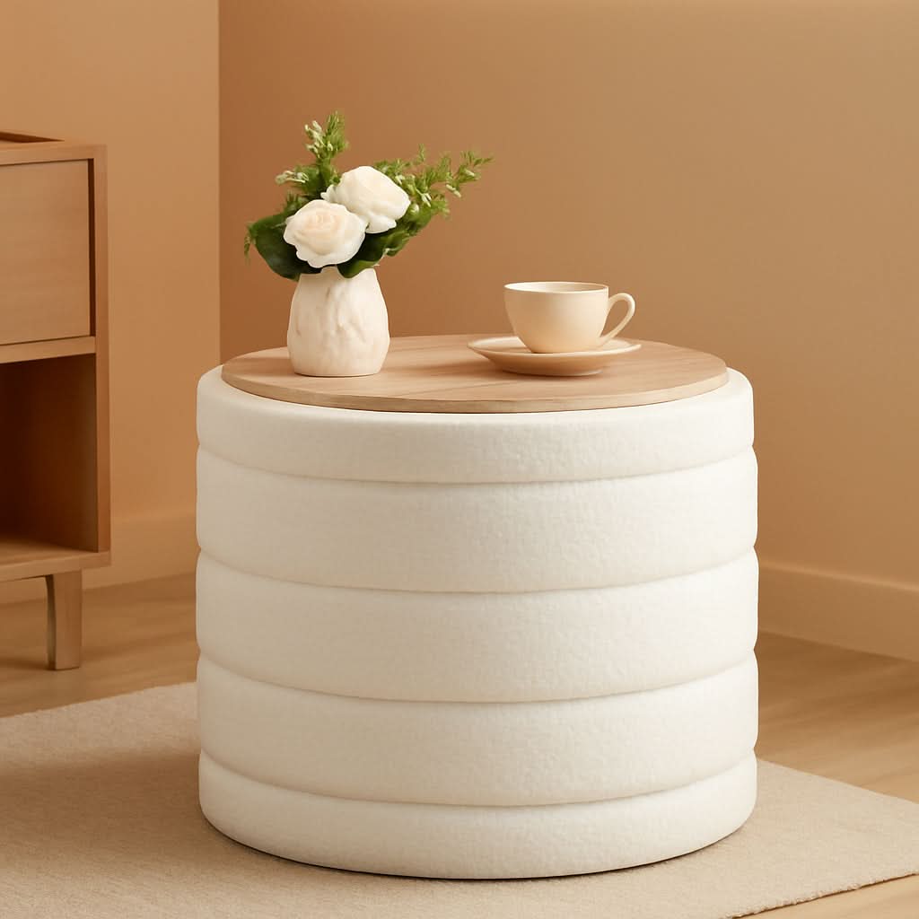 White Twenty TwoIn Round Sherpa Boucle Ottoman Tray