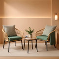 3 Piece Outdoor Patio Furniture Set With Conversation Bistro Tempered Coffee Table And Green Wicker Chairs