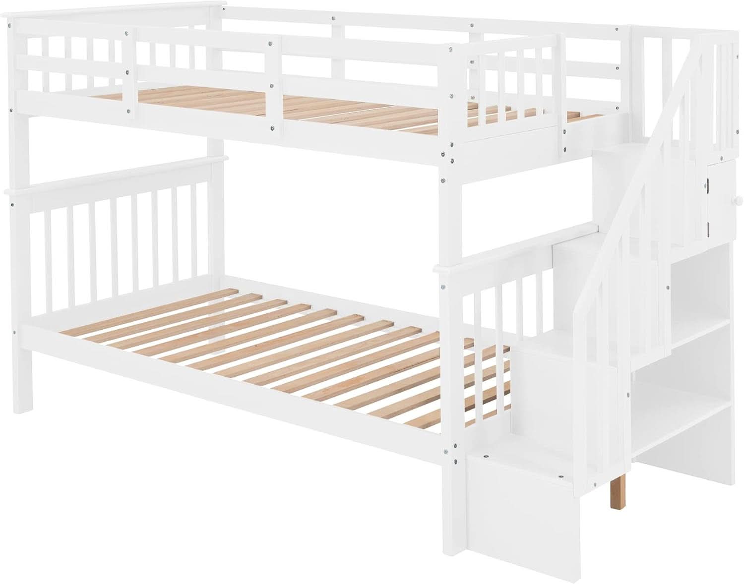 Twin Over Twin Bunk Bed With Stairs Solid Wood White