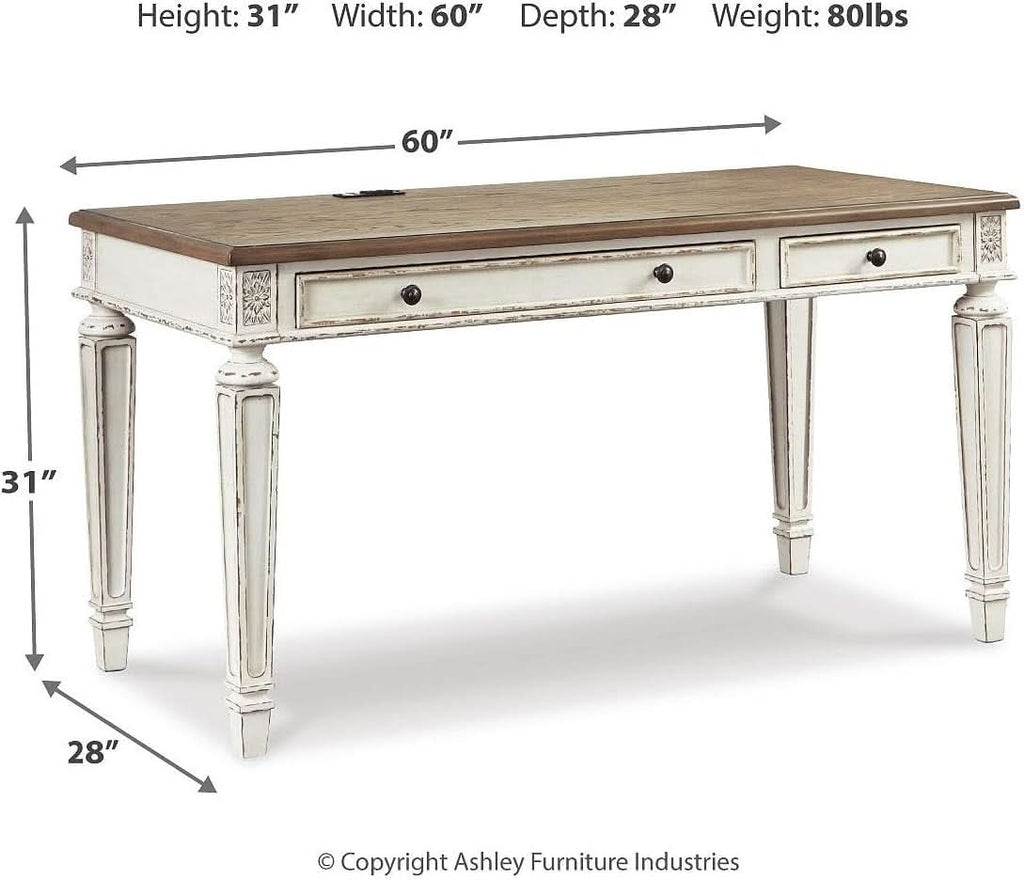 Realyn Farmhouse 60 Inch Home Office Desk With USB Charging Chipped White