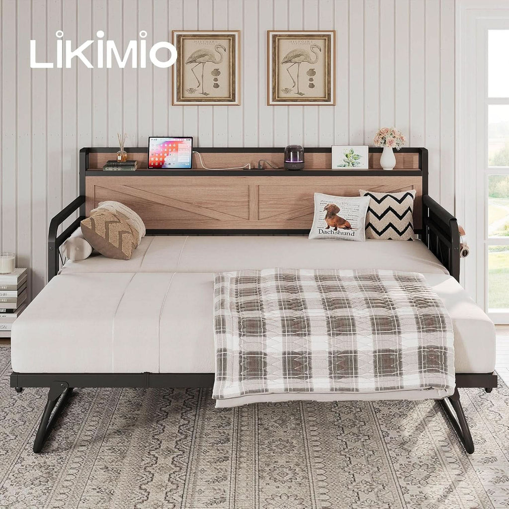 Twin Daybed With Trundle And Charging Station In Natural Wood