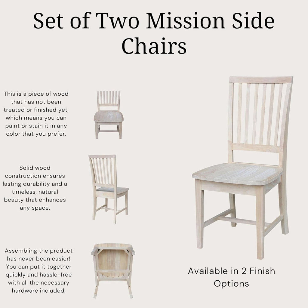 Mission Side Dining Chairs Set Of 2 Solid Parawood Unfinished 39.2 Inch Height