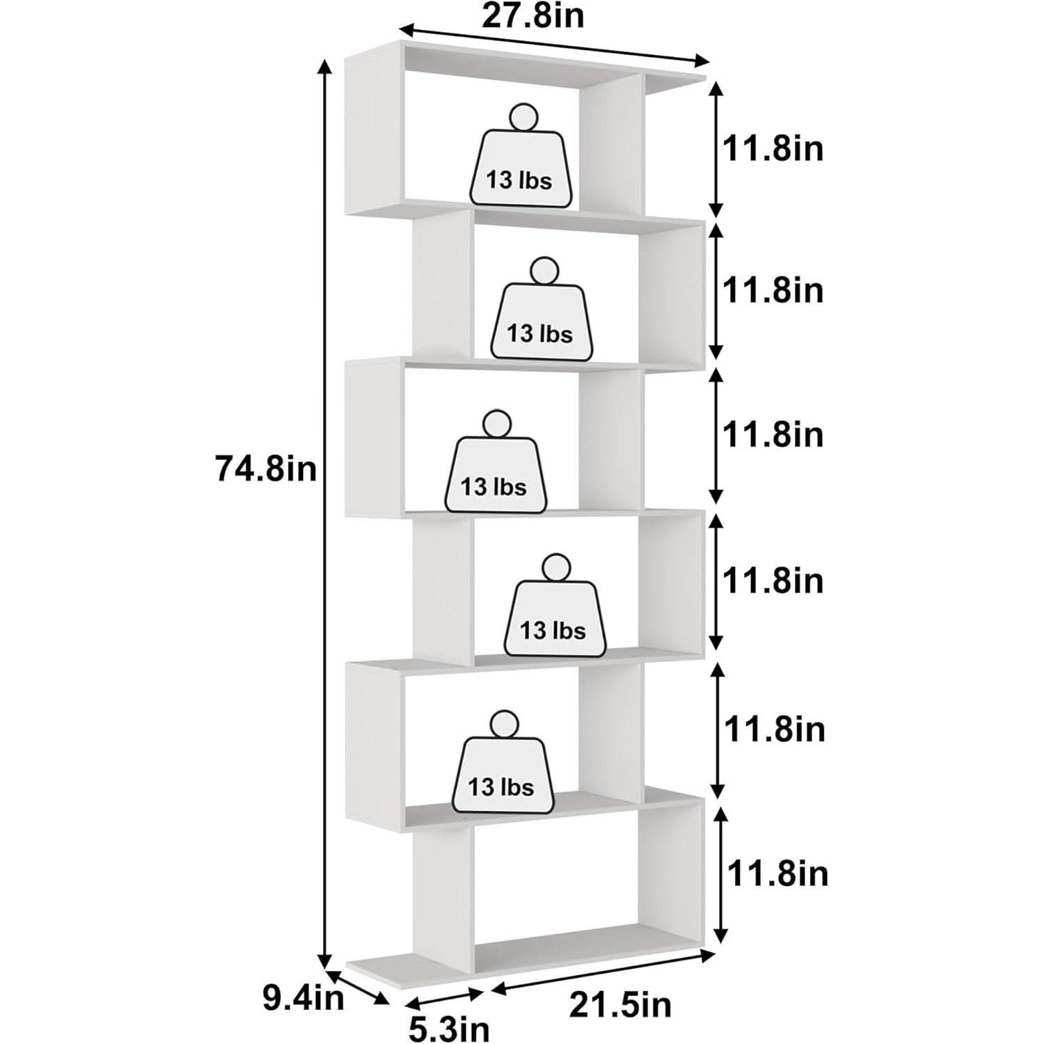 S Shaped Bookshelf White 6 Tier Display Bookcase Office
