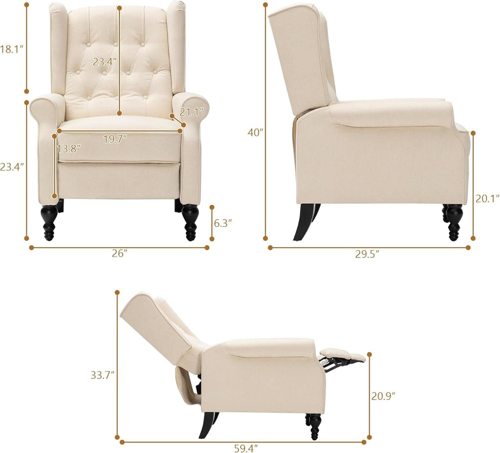 Beige Mid Century Wingback Recliner Chair With Upholstered Fabric